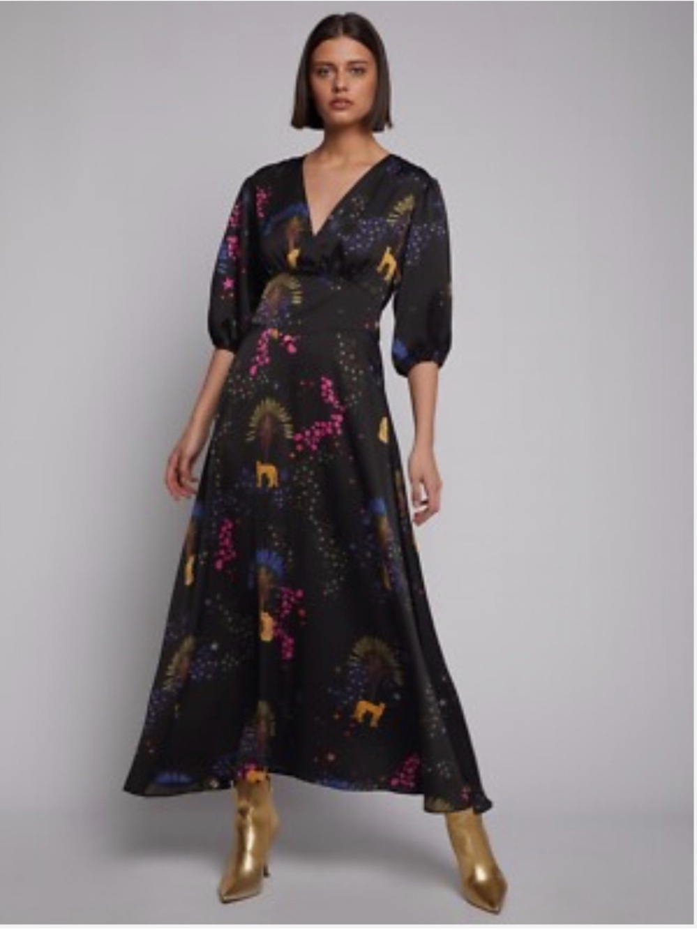 VilaGallo Dress Natasha Midi Black Cheetah Crepe Dress
